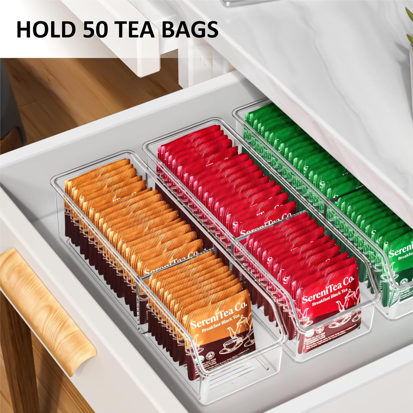 Tea Bag Organizer, Holder Box Storage Bin, Clear Tea Packet Plastic Drawer, Sugar Packet, Coffee