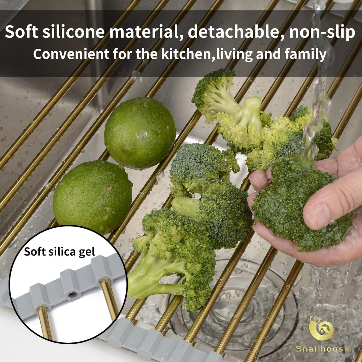 Roll Up Dish Drying Rack, Stainless Steel Dish Drainer Over The Sink with Anti-Slip Silicone for Kitchen Counter, Gold (17.8 x 15.7 in)