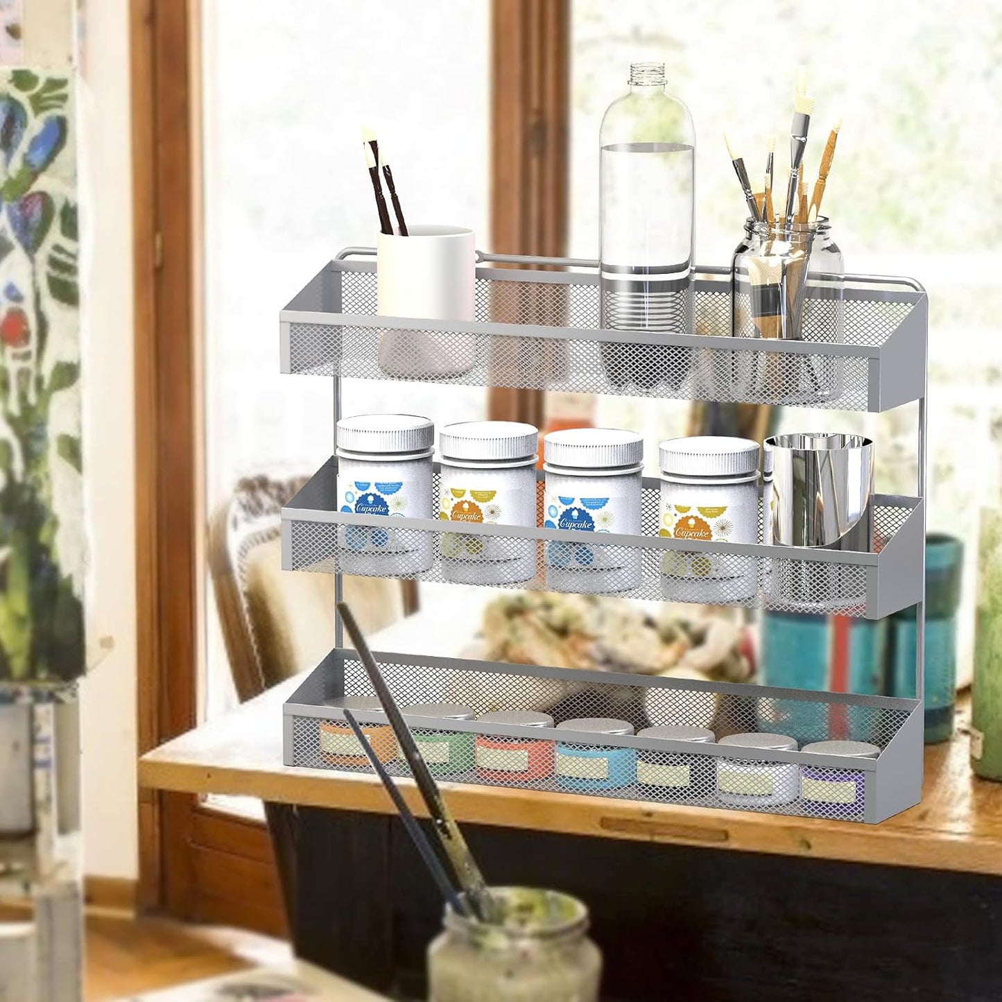 2 Pack Spice Rack Organizer, 3 Tier Counter-top Stand or Wall Mounted Storage Rack Hanging Shelf for Kitchen Cabinet, Cupboard, Pantry Door or Bathroom Shower Cosmetic - Chrome