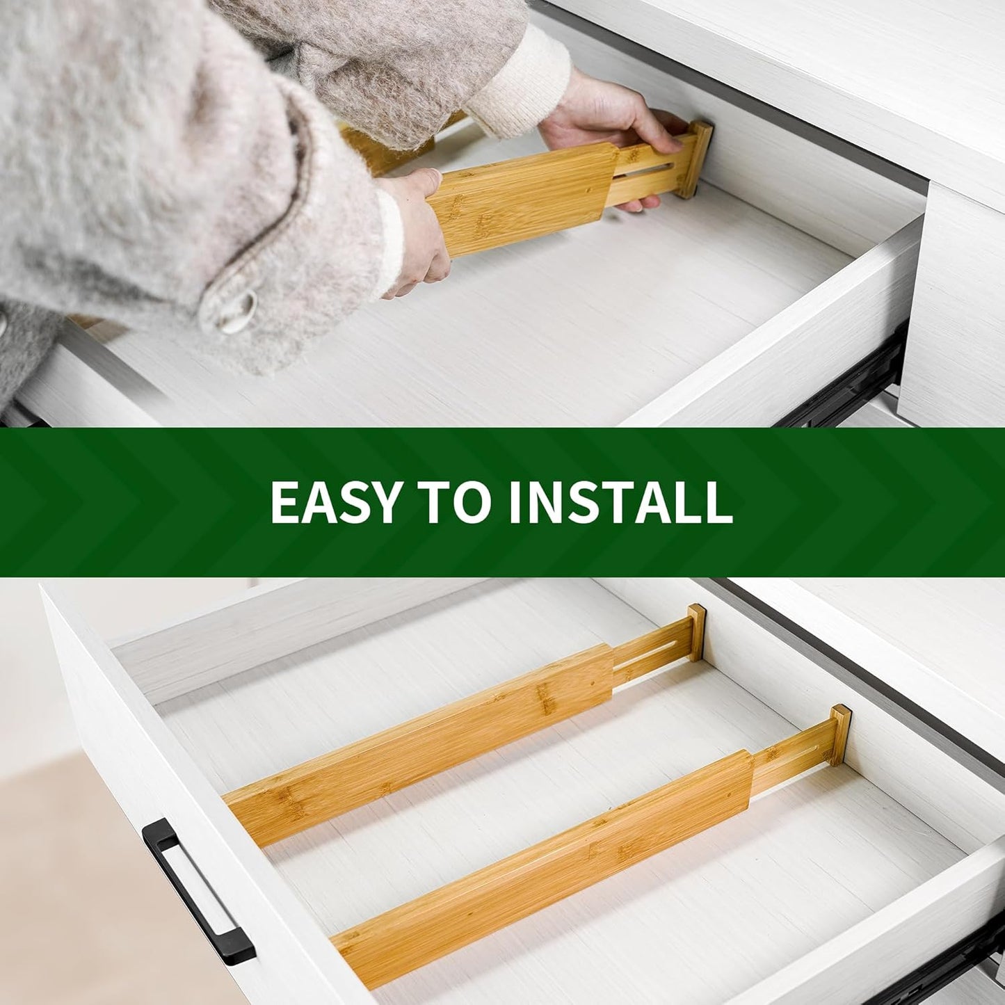 Adjustable Bamboo Drawer Dividers, Expandable Drawer Organizer for Kitchen, Bedroom, Bathroom