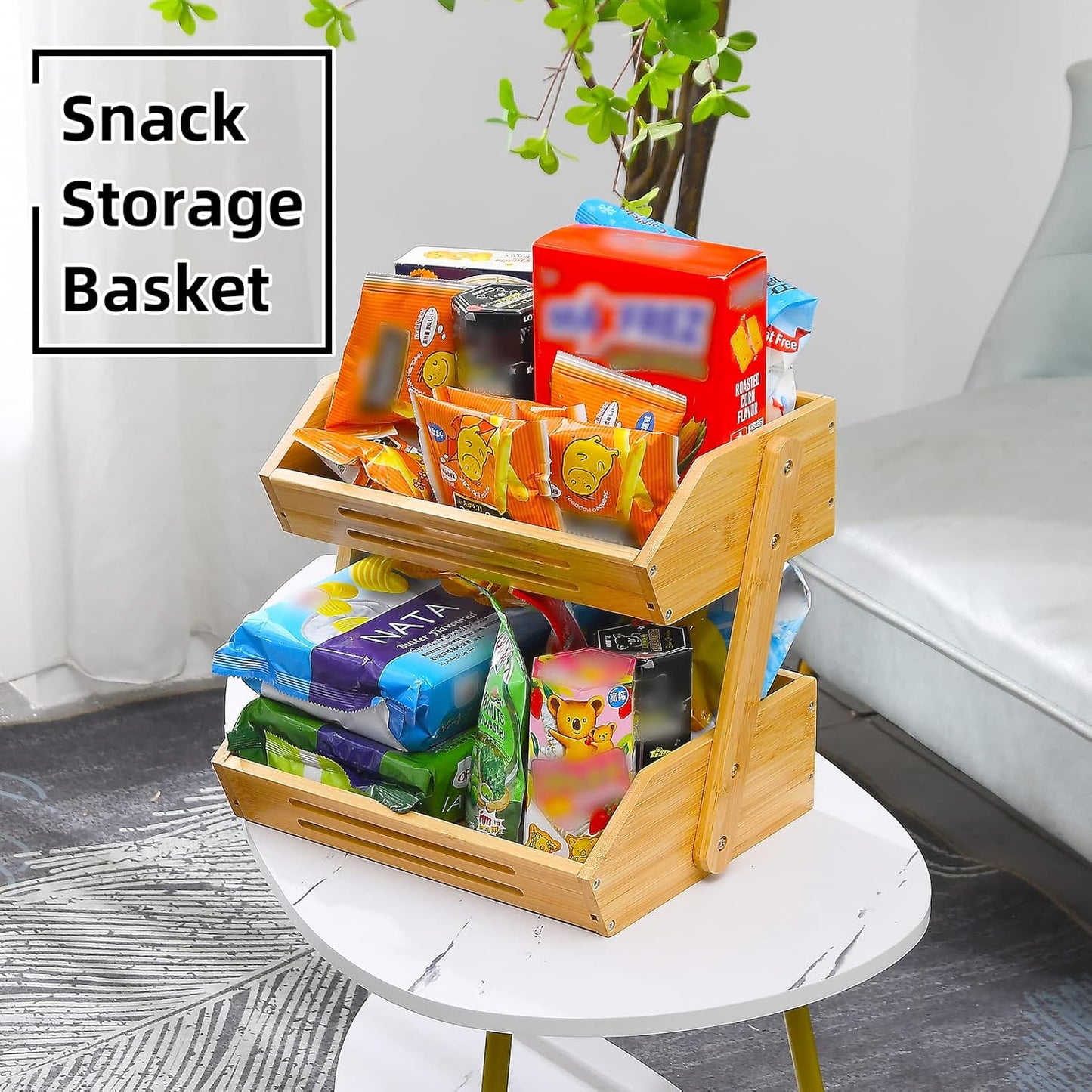 Fruit Basket, 2 Tier Bamboo Fruit Basket for Kitchen, 11" Tall Fruit Stand Storage Holder