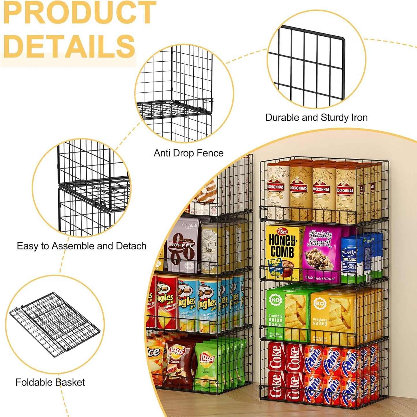 4 Pack Stackable Wire Baskets for Pantry Organizers and Storage