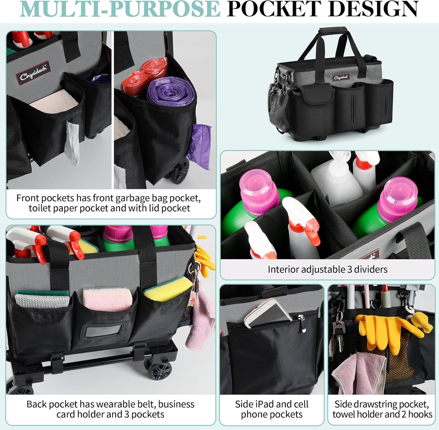 Rolling Cleaning Caddy, Cleaning Supplies Organizer with Trolley
