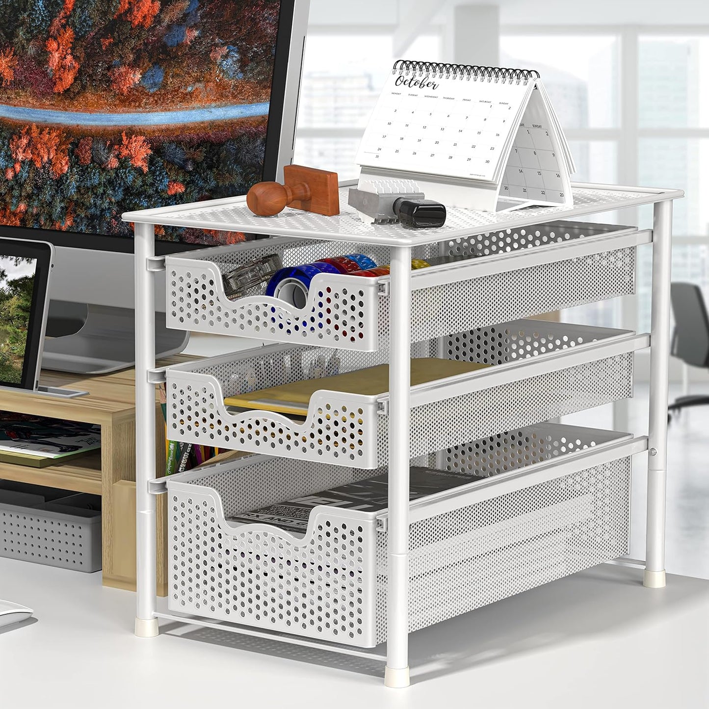 3 Tier White Alloy Steel Sliding Basket Organizer Drawer Cabinet