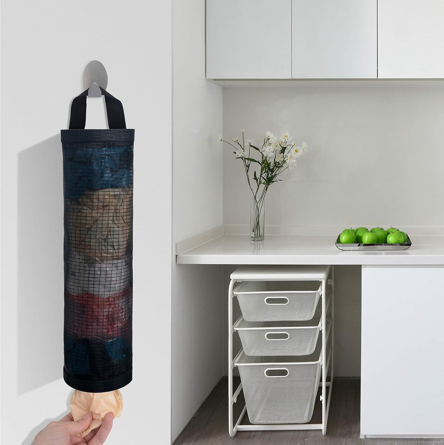 Mesh Garbage Bag Sulimy Plastic Bag Holder Dispensers 2pcs Folding Hanging Storage Trash bags Holders Organizer Recycling Grocery Pocket Containers with 2 Hooks for Home and Kitchen Black