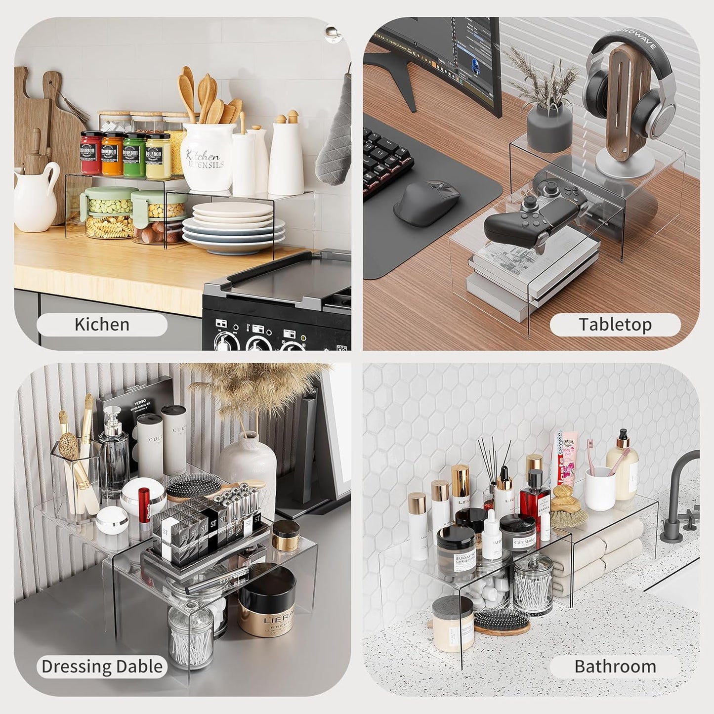 Clear Acrylic Kitchen Cabinet Risers Set of 2 - Anti-Slip Stackable Shelf Organizers