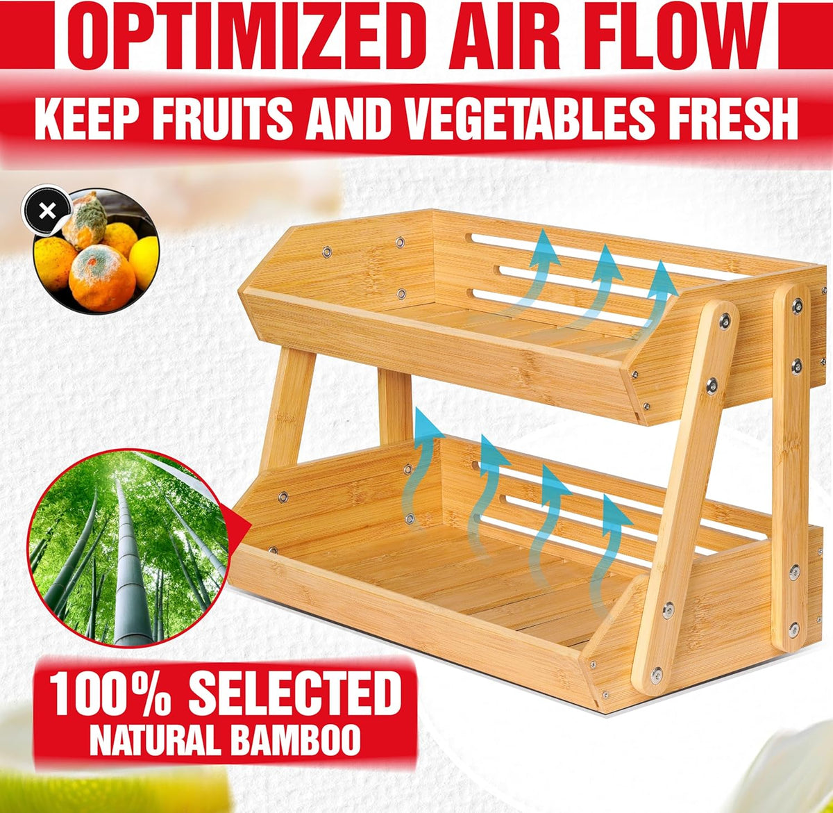 Bewbow Bamboo Fruit Stand with Four Reinforcing Legs for Countertops