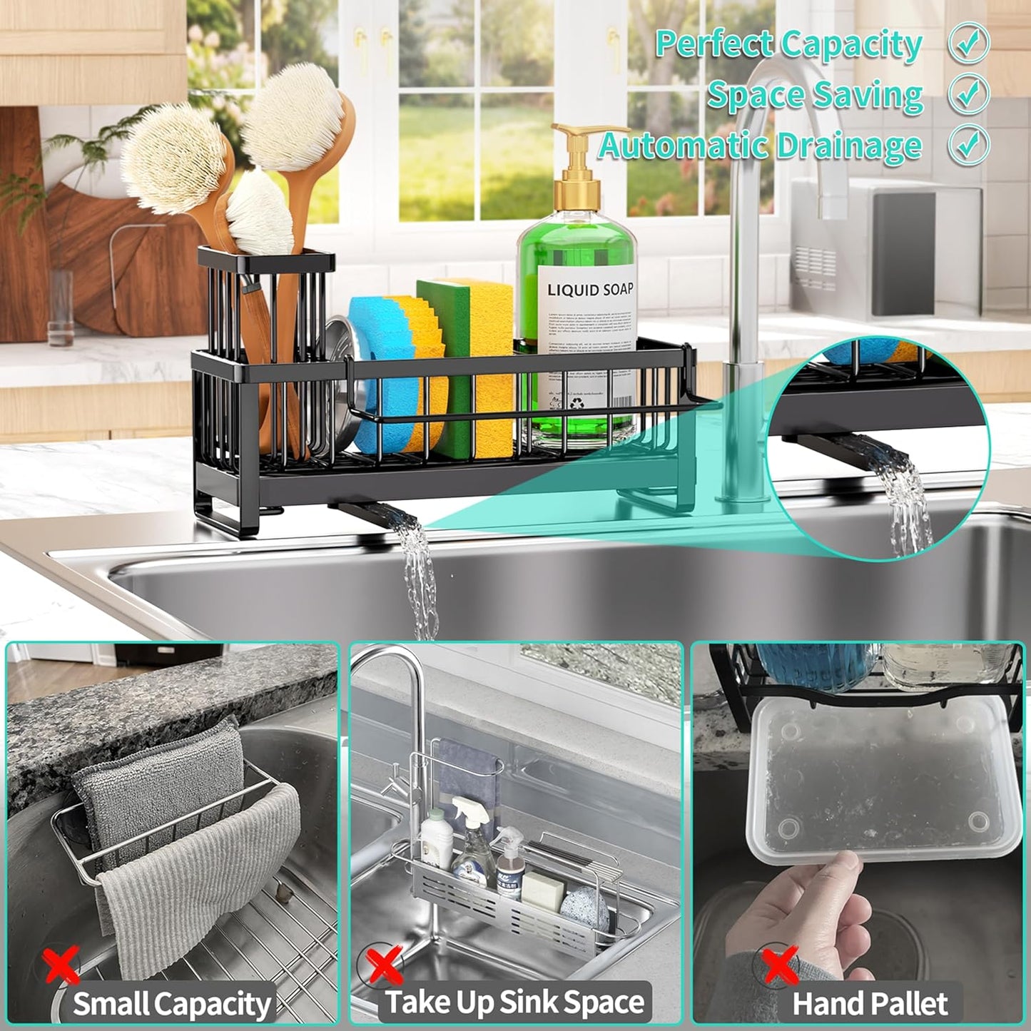 Sponge Holder for Kitchen Sink - Self-draining Sink Caddy with Brush and Dishcloth Holders