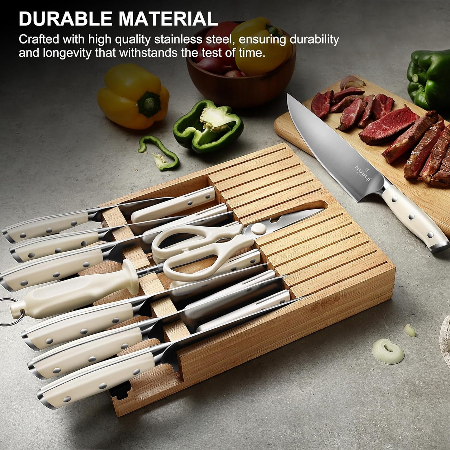 In-drawer Knife Block Set, 16PCS Kitchen Knife Set with Wooden Block, Chopping Knives Set