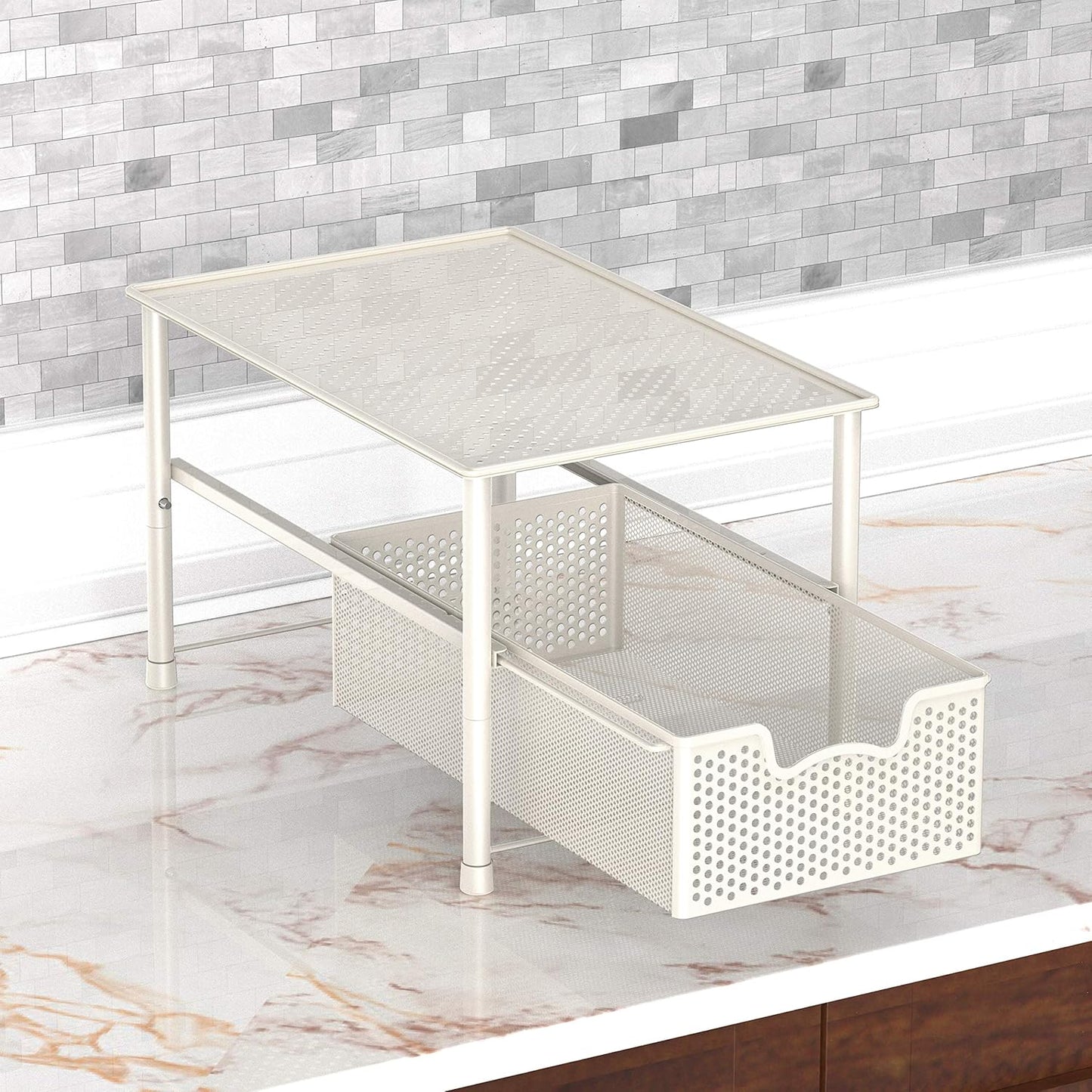 Stackable Under Sink Cabinet Sliding Basket Organizer Drawer, White