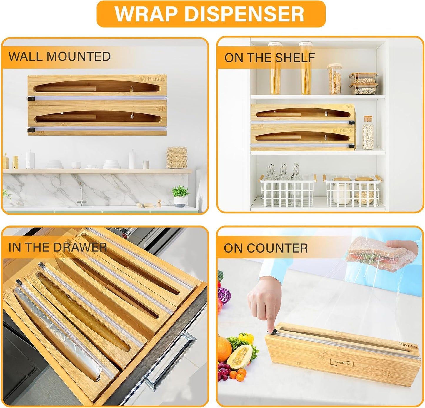 Wrap Organizer Dispenser with Cutter, (2 Piece Set), Fits 12" Rolls, Plastic Wrap, Aluminum Foil