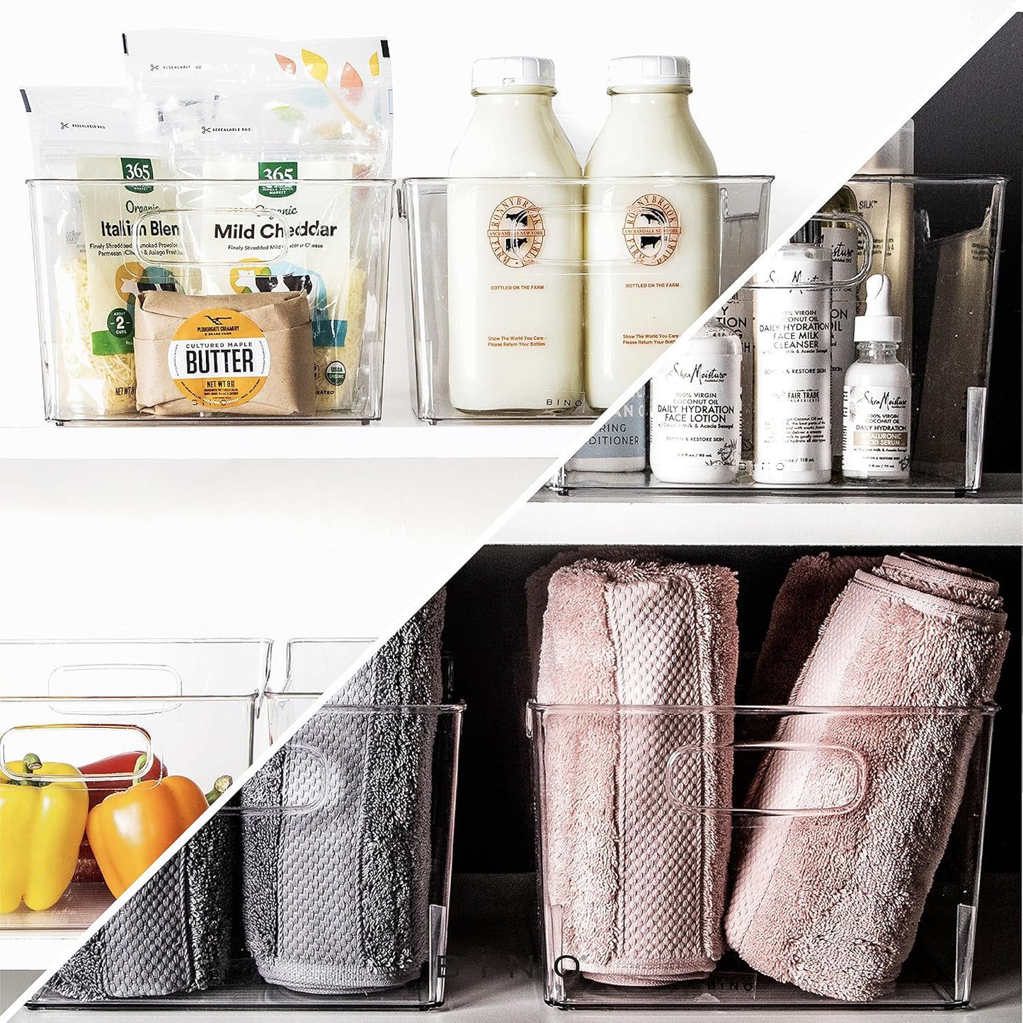 Plastic Storage Bins - 4 Pack | THE LODGE COLLECTION | Clear Storage | Containers for Organizing with Handles | Pantry Kitchen Organization | Fridge Organizer | Bathroom | Shelves Cabinet