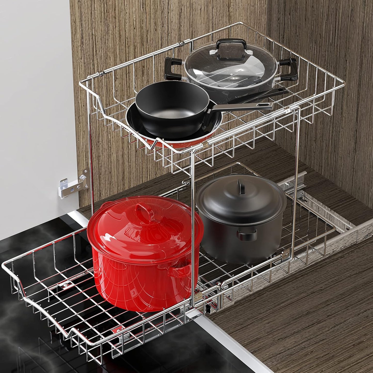 2-Tier (L+L) Organizer Pull Out Under Cabinet Sliding Shelf, Chrome