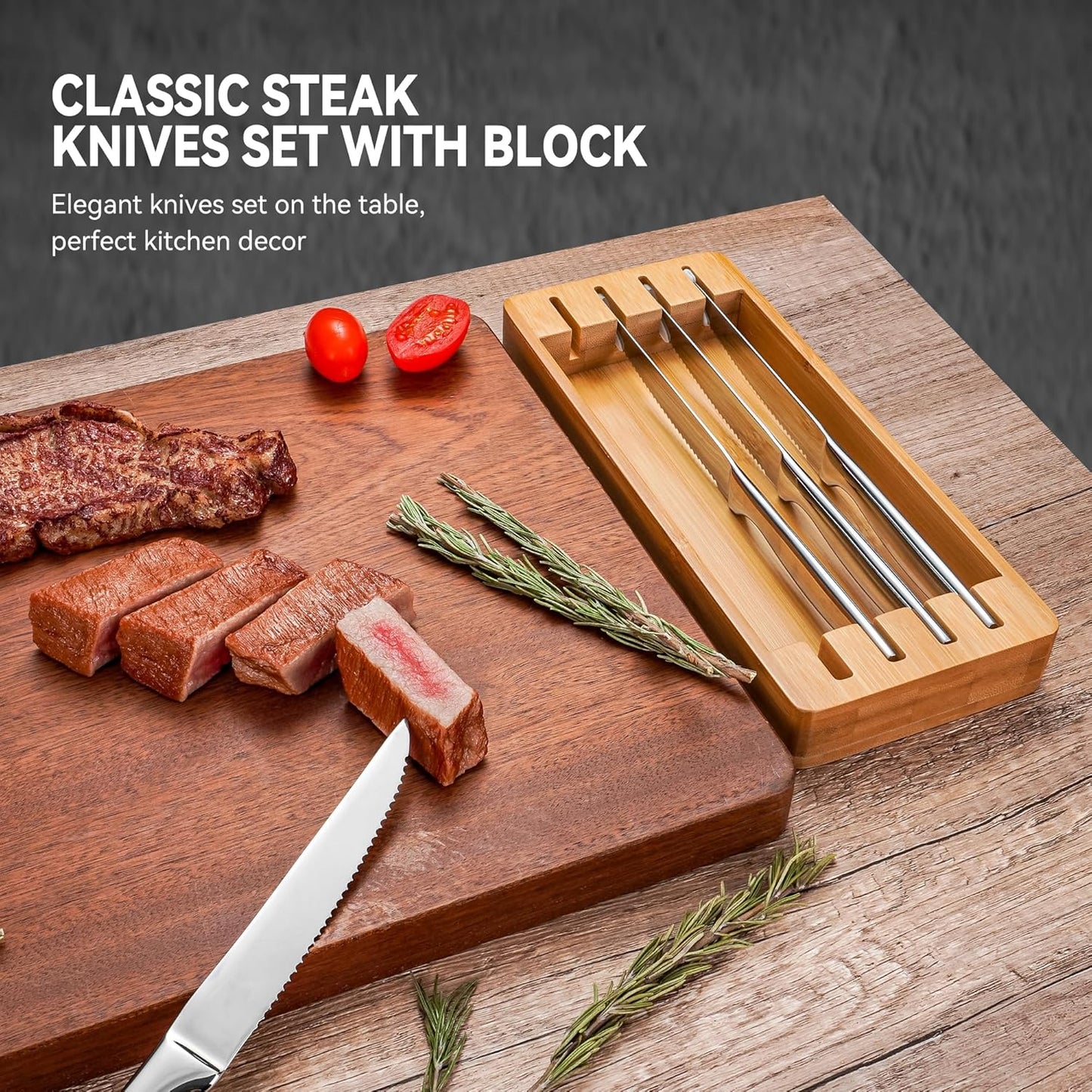 Steak Knife Set of 12 with Block Holder, Serrated Steak Knife with Bamboo Storage Box Drawer Insert Organizer, Dishwasher Safe, Silver
