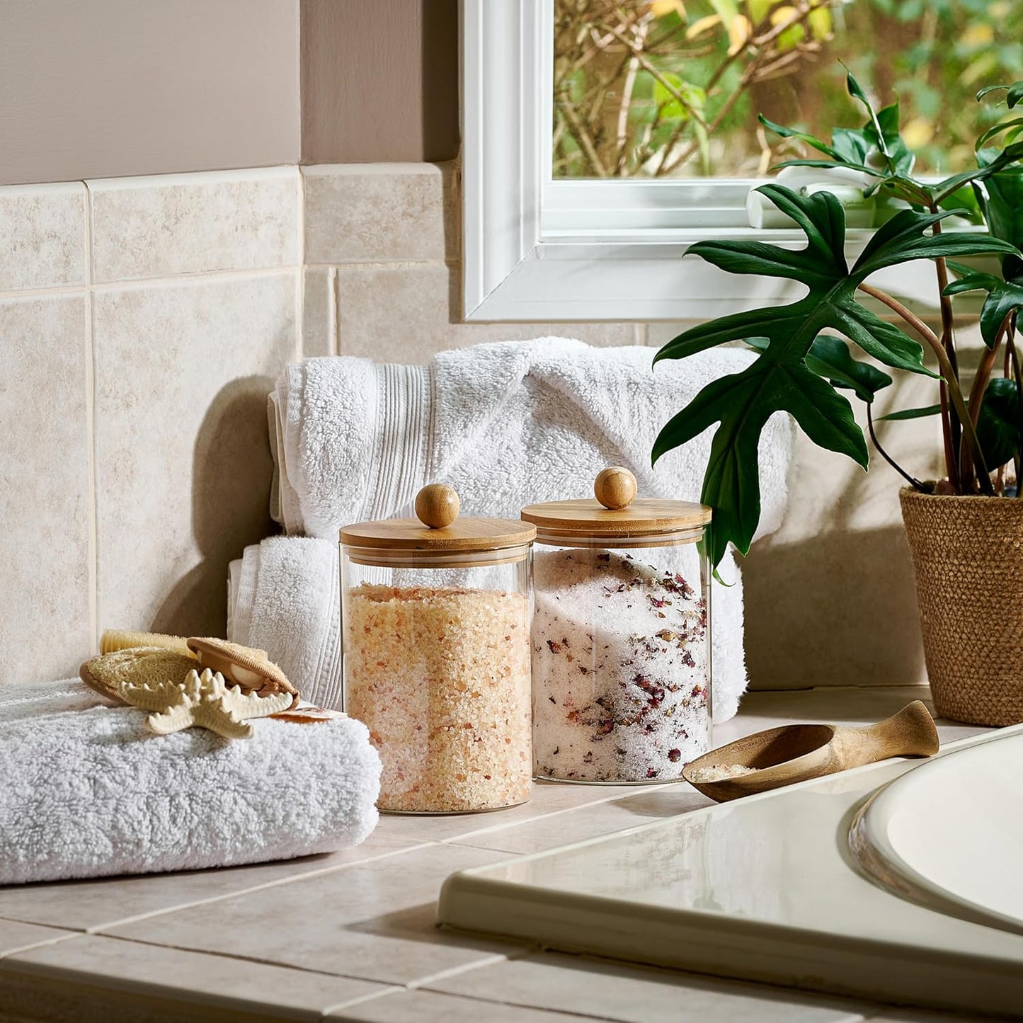 1 Gallon Glass Canister Set for Kitchen Counter with Airtight Bamboo Lids + Marker & Labels