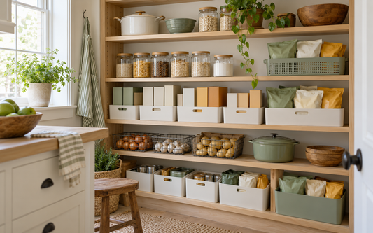 Of a lived-in home kitchen pantry with light wood shelves and off-white walls, soft sage accents