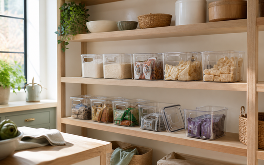 Wide establishing shot 16:10 of a real lived-in kitchen pantry with open shelving, natural daylight streaming in from a side…