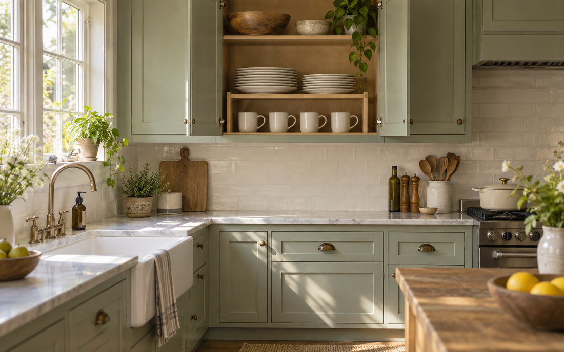 Wide establishing shot of a real lived-in kitchen with an open upper cabinet at eye level, revealing a light wood shelf…