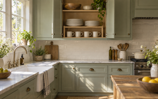 Wide establishing shot of a real lived-in kitchen with an open upper cabinet at eye level, revealing a light wood shelf…