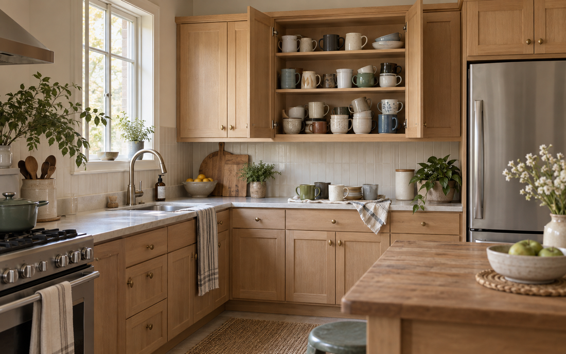 Wide establishing shot of a real lived-in kitchen with an open upper cabinet revealing a cluttered shelf of mismatched mugs…