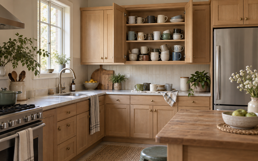 Wide establishing shot of a real lived-in kitchen with an open upper cabinet revealing a cluttered shelf of mismatched mugs…