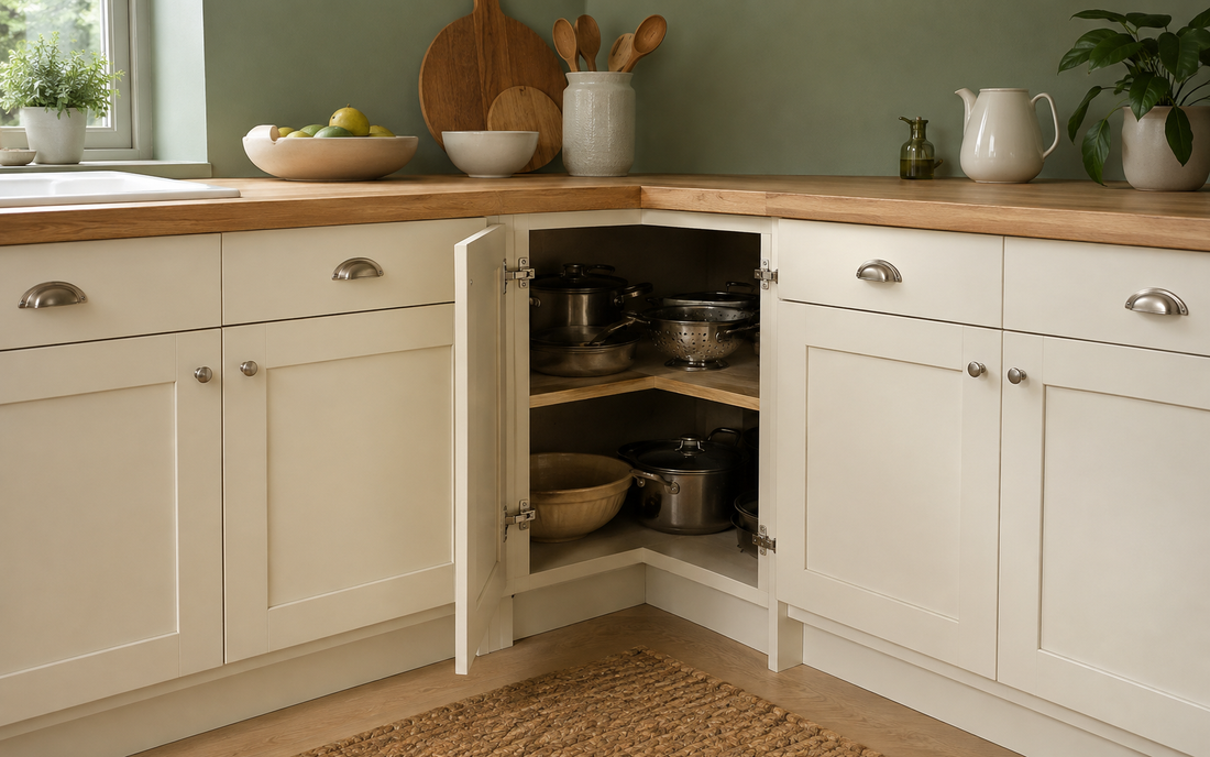 Wide establishing shot (16:10) of an open blind corner base cabinet in a real lived-in kitchen, showing light wood…