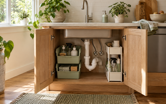 Wide establishing editorial photograph of an open kitchen sink base cabinet in a real lived-in kitchen, light wood…