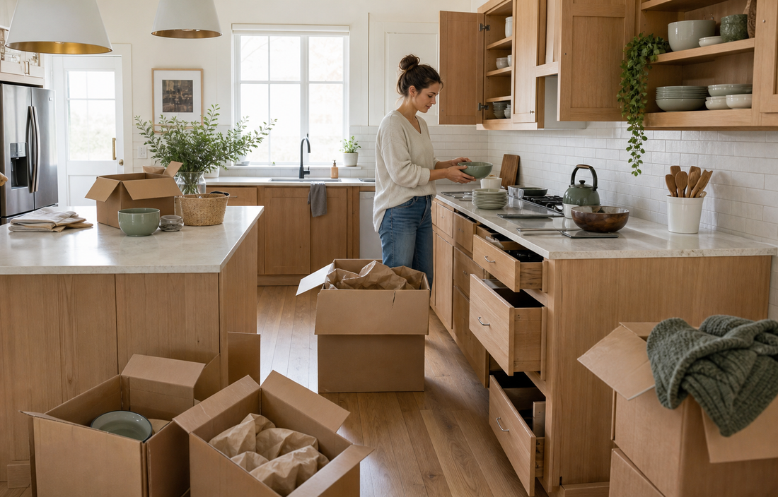 Wide establishing shot of a real lived-in kitchen mid-move-in: half-emptied cardboard boxes on a light wood floor, open…
