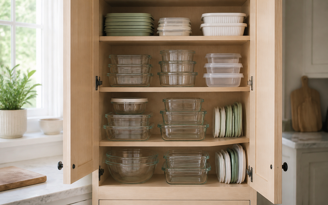 Wide establishing shot of an open kitchen cabinet filled with stacked food storage containers and their lids, light wood…