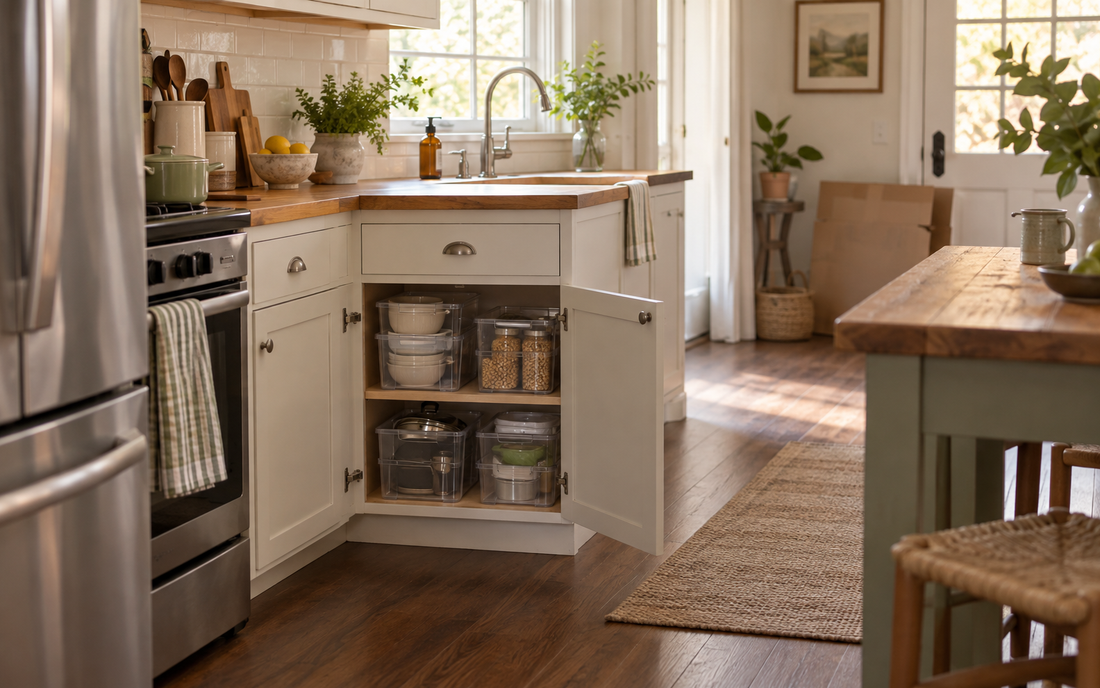 Wide establishing shot of a small, real lived-in kitchen mid-organization: an open lower cabinet with a few clear stackable…