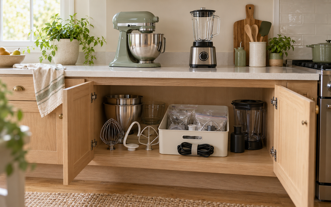 Wide establishing editorial photograph of a lived-in kitchen counter and open lower cabinet in natural daylight, a stand…