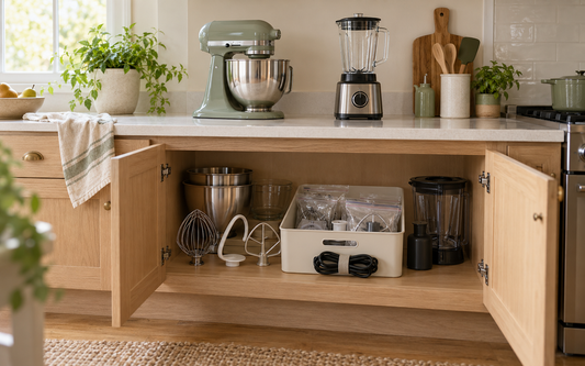 Wide establishing editorial photograph of a lived-in kitchen counter and open lower cabinet in natural daylight, a stand…