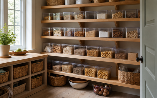 Wide establishing shot of a real lived-in kitchen pantry with open wood shelving, natural daylight from a nearby window…