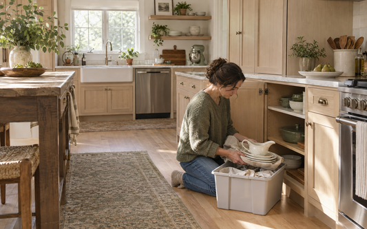 Wide establishing shot of a real lived-in kitchen, 16:10