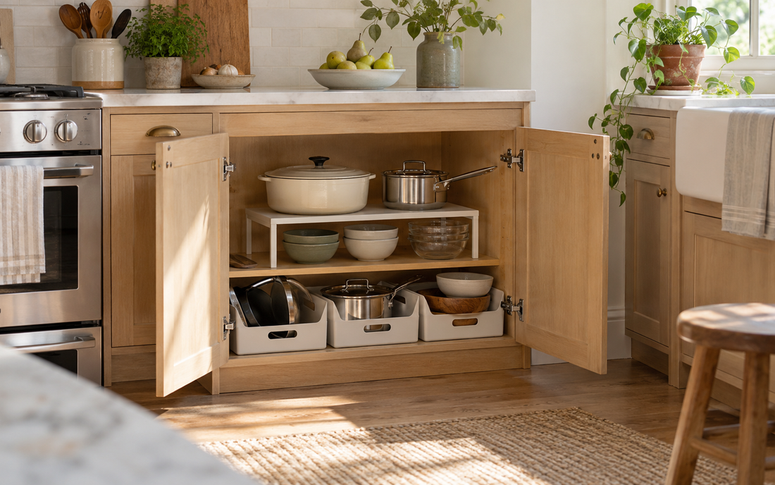 Of an open lower kitchen cabinet in a real lived-in kitchen, natural daylight from a side window, light wood cabinetry…