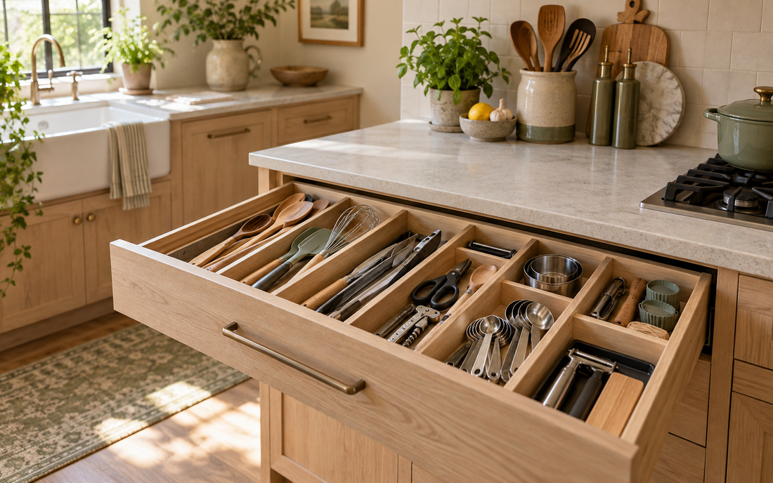 Wide establishing editorial photograph of an open shallow kitchen drawer in a real lived-in kitchen, light wood cabinetry…