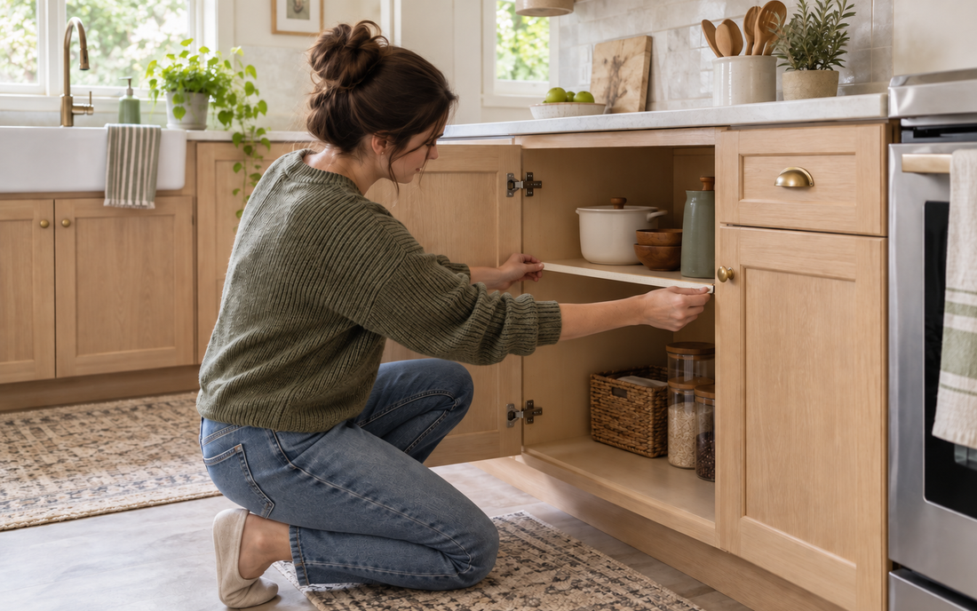 A real lived-in kitchen with a base cabinet door fully open, warm neutral palette of light wood, off-white, and soft sage