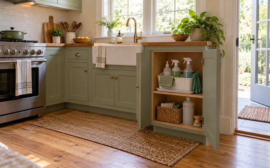 Lived-in kitchen corner showing an open closet or lower cabinet near the kitchen doorway repurposed for cleaning supplies —…