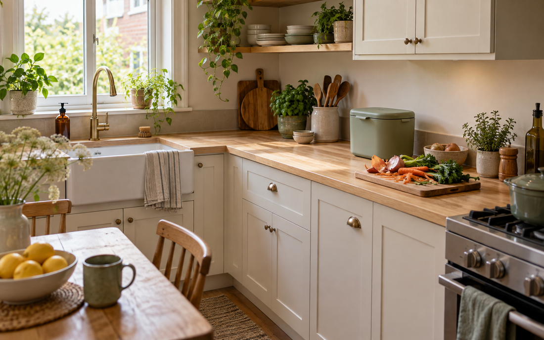 Wide establishing shot of a real lived-in kitchen, 16:10 aspect ratio