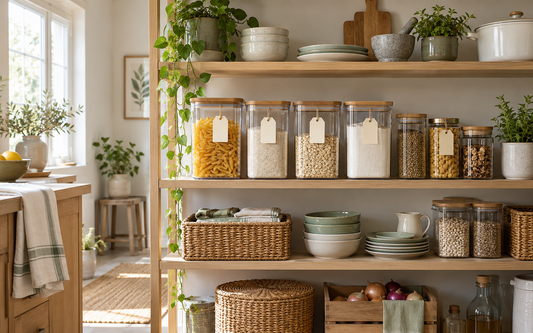 Wide establishing editorial photograph of a lived-in home kitchen pantry shelf with matching clear lidded containers holding…