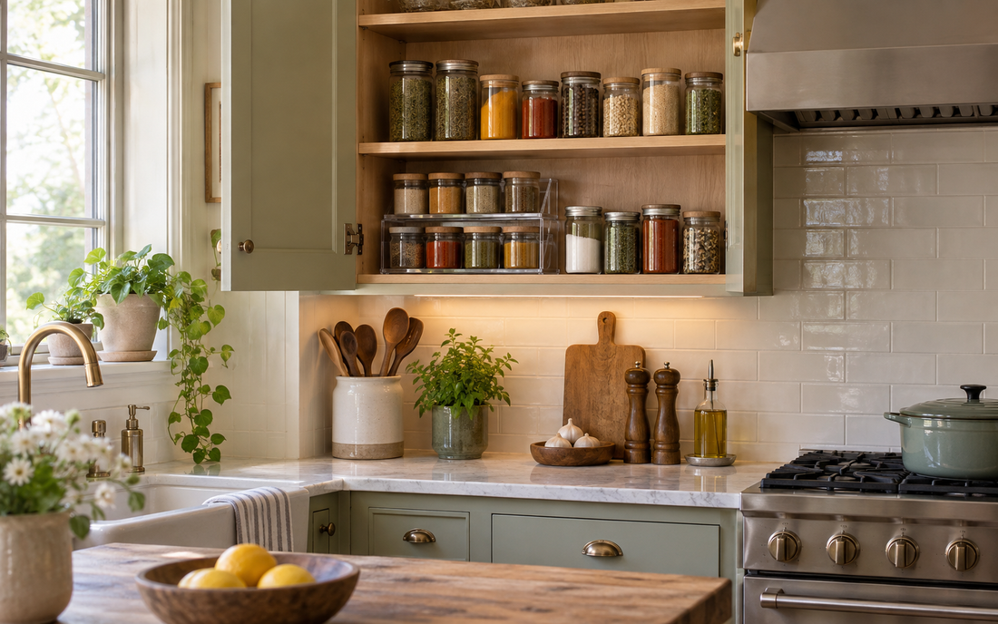 Wide establishing shot of a real lived-in kitchen, natural daylight, warm neutral palette of light wood, off-white and soft…