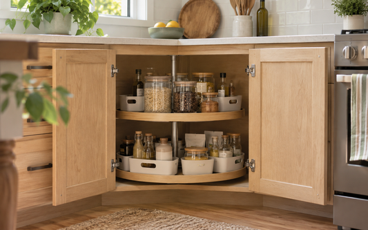 Wide establishing shot of an open corner kitchen cabinet with a round lazy susan turntable holding low, flat-bottomed bins…