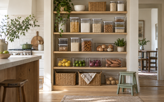 Wide establishing shot of an open pantry shelving unit in a real lived-in kitchen, light wood shelves lined with a mix of…