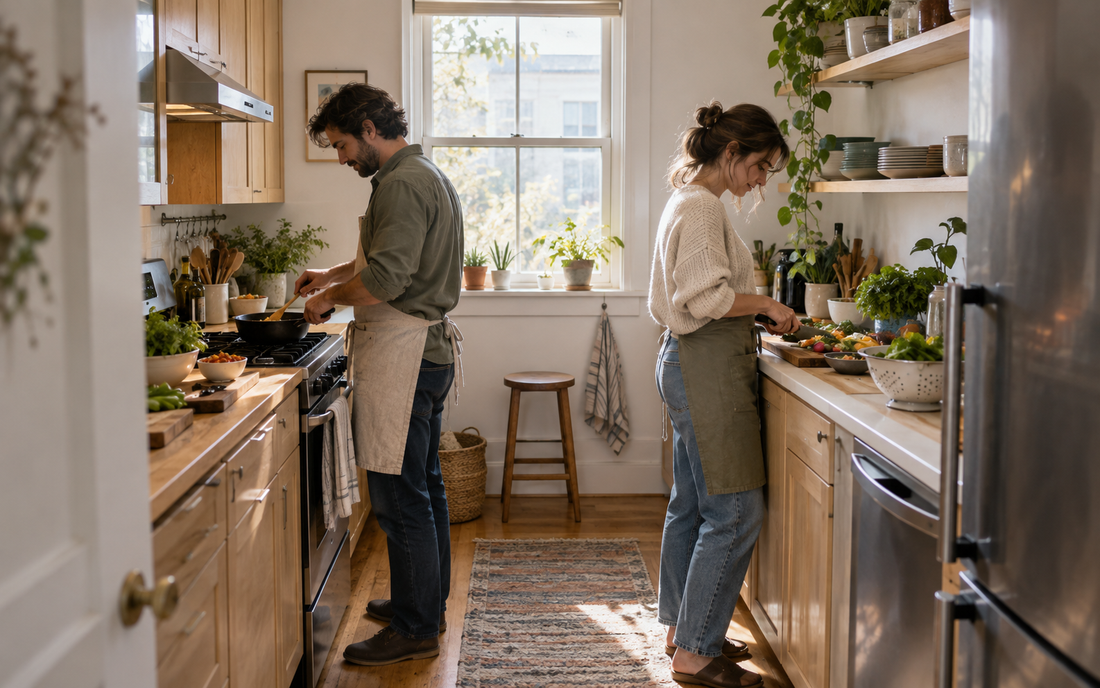 Wide establishing shot of a small lived-in kitchen with two people cooking side by side at a narrow counter, light wood…