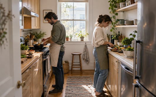 Wide establishing shot of a small lived-in kitchen with two people cooking side by side at a narrow counter, light wood…