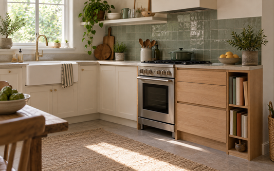 A small lived-in kitchen corner where a narrow vertical shelf insert at the end of a light wood cabinet run holds a row of…