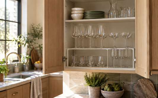 Wide establishing shot of an open small kitchen cabinet interior with wine glasses and stemware standing upright on a shelf…