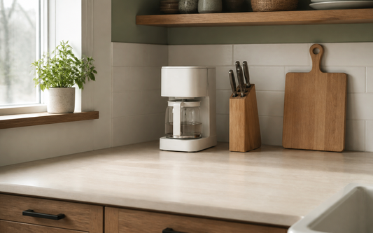 Wide establishing shot of a small, real lived-in kitchen counter, natural daylight from a nearby window, warm neutral…
