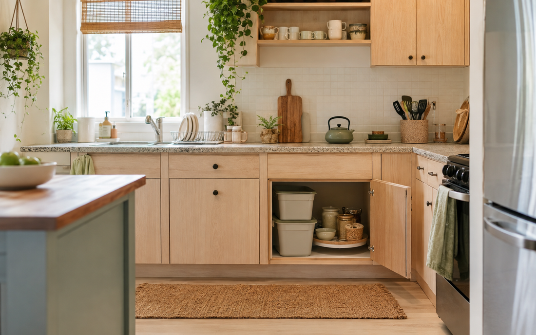 Wide establishing shot of a real lived-in rental kitchen, 16:10