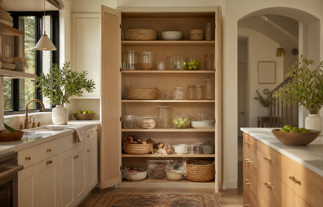 Wide establishing shot of a real lived-in kitchen, 16:10, showing an open pantry cabinet with light wood shelving holding a…